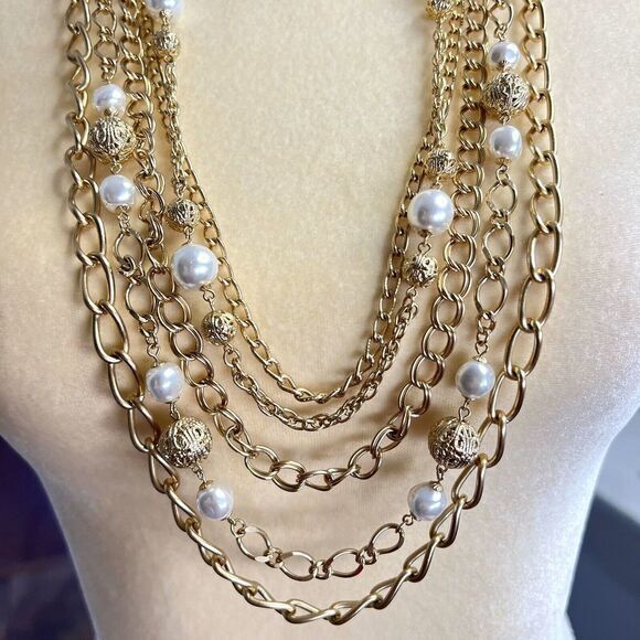 Gold-Tone Faux Pearl Bead Multi Chain Statement Necklace 34.5 in 5 Strand - Picture 14 of 16
